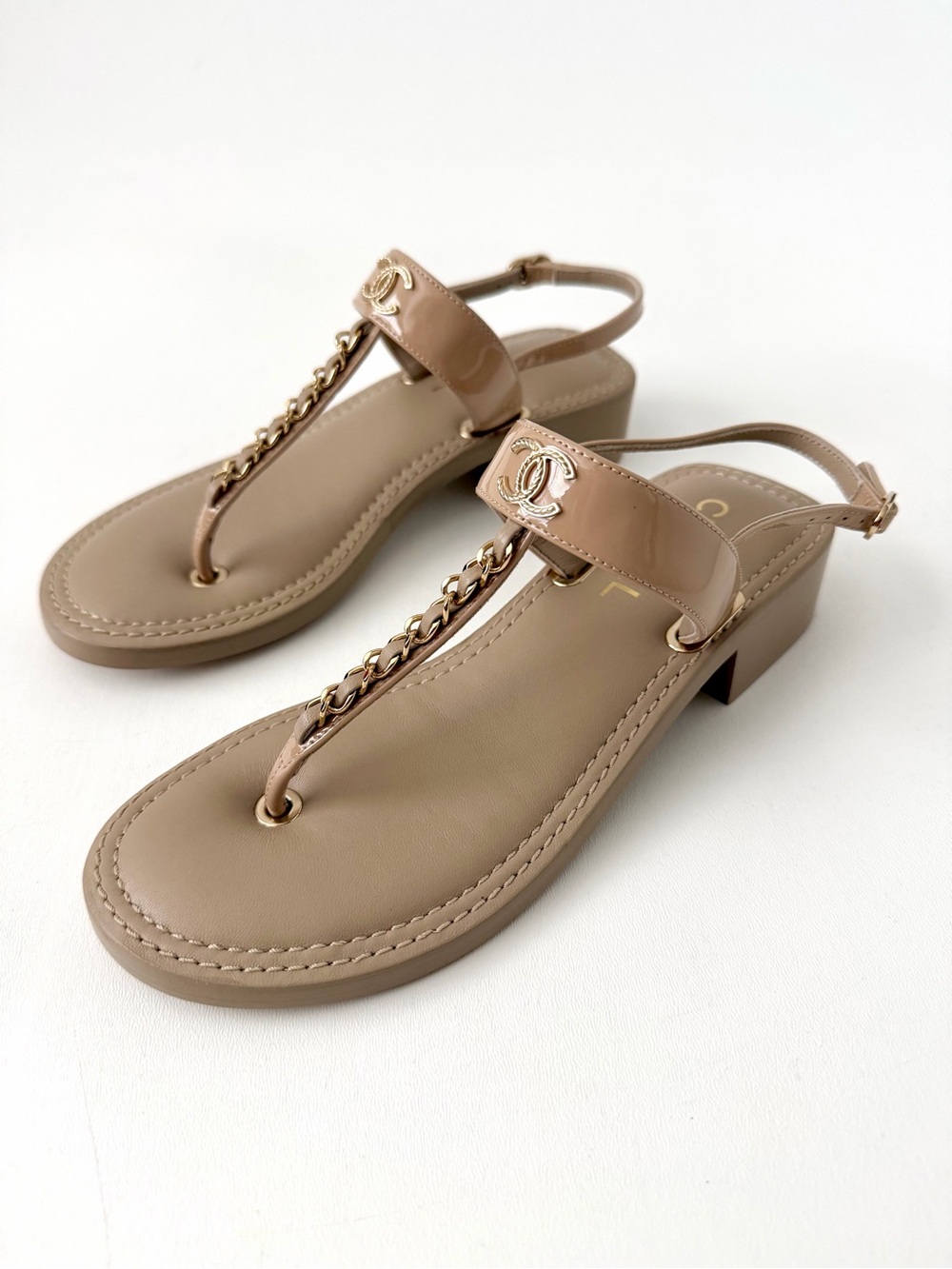 CHANEL | Beige Patent Leather CC Logo Chain T-Strap Slingback Heel Sandals 37
